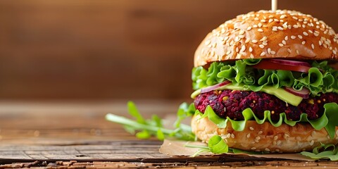 Vegan burger with beetquinoa patty avocado cashew cream on multigrain bun. Concept Vegan Burger Recipe, Beetquinoa Patty, Avocado Cashew Cream, Multigrain Bun