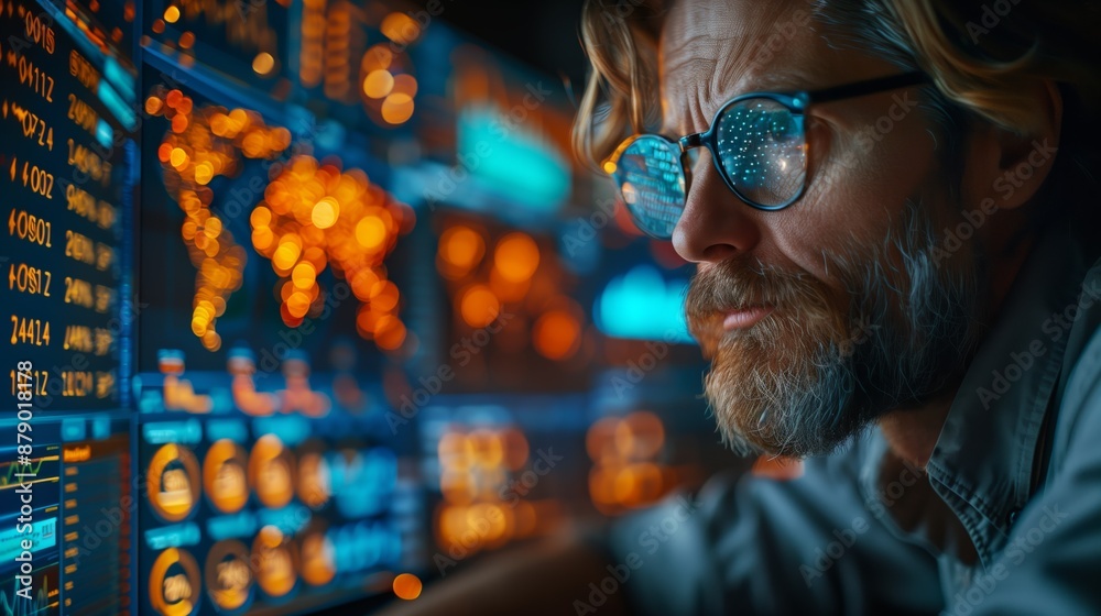 Poster focused trader analyzing market data screens. serious trader with glasses intensely analyzes market 