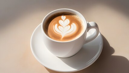A cup of coffee with foam on a light white warm background. Hot coffee with a heart, top view, flat-lay, Happy morning, good mood, inspiration, espresso, background.