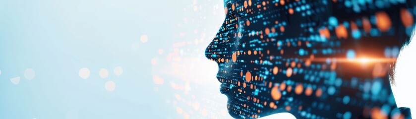Obraz premium Silhouette of person with digital data overlay representing AI and technology. Abstract and futuristic theme.