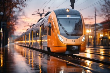 Fototapeta premium Vibrant close up of train on rails with blurred background, ideal for search visibility