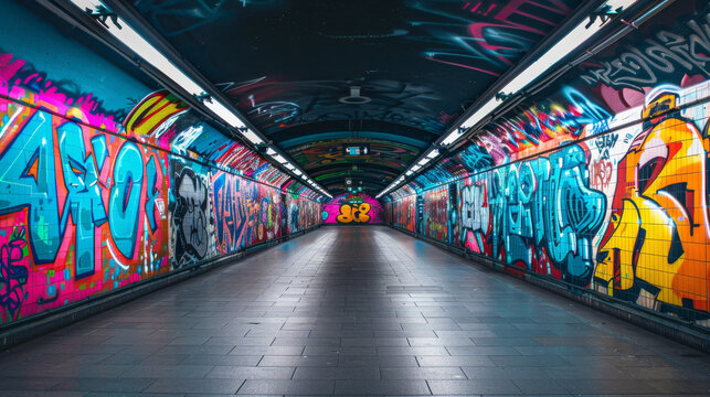 A graffiti covered tunnel with the numbers 4140 and 3333 on the wall