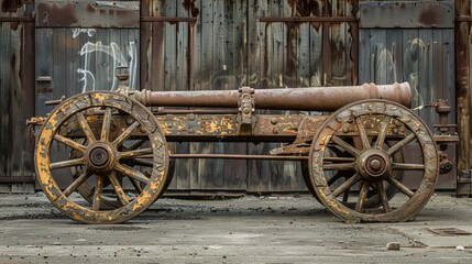 Obraz premium An antique cannon mounted on a cast iron gun carriage, set on wheels, symbolizes historical military equipment, contrasting with modern technology and weaponry.