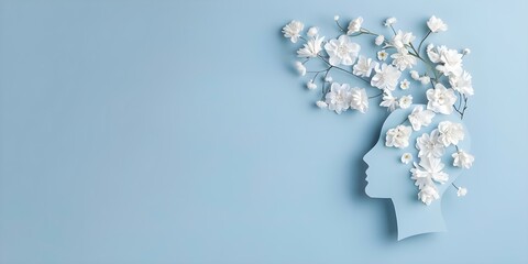 Blue background with paper human head and flowers for mental health day. Concept Mental Health Awareness, Blue Background, Paper Human Head, Flowers, Photo Concept