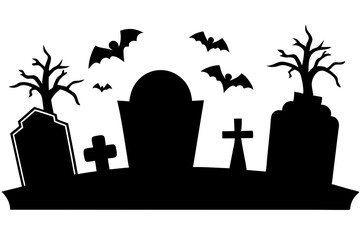 Scar haloween vector seamless landscape silhouette with a graveyard and flying bats in full moon white background