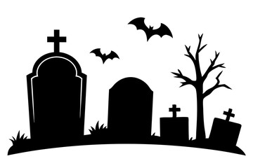 Scar haloween vector seamless landscape silhouette with a graveyard and flying bats in full moon white background