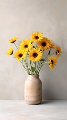 Photograph a bouquet of sunflowers arranged in a rustic wooden vase, highlighting their cheerful yellow petals, sturdy stems, and rustic charm against a soft, neutral background.
