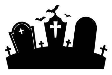 Scar haloween vector seamless landscape silhouette with a graveyard and flying bats in full moon white background
