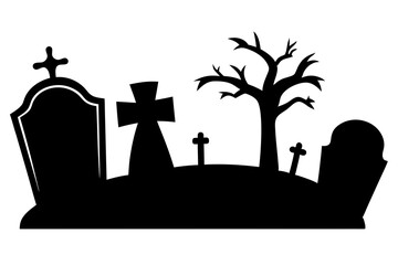 silhouette of a scary cemetery landscape with graves, crooked trees and flying bats - halloween themed seamless panorama
