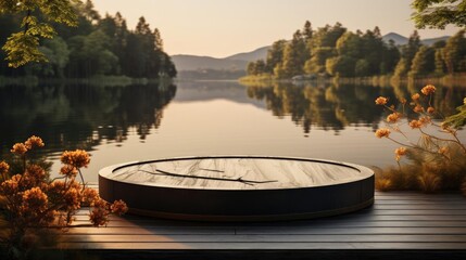 Fototapeta premium 3d circle podium product stand or display with water river background and cinematic light