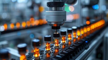 Close-Up of Robotic Arm in Manufacturing. Close-up of a robotic arm working on an assembly line in a high-tech manufacturing facility, highlighting precision and automation.