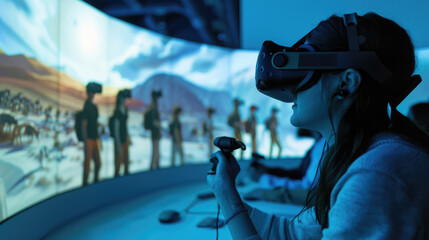 Virtual reality educational classroom with students exploring ancient civilizations in an immersive 3D environment