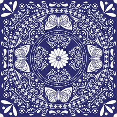 Discover the beauty of Talavera de Puebla: Vector illustration of the iconic traditional Mexican Talavera de Puebla tile with a flower design with butterflies.