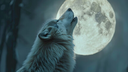 Naklejka premium wolf howling in front of full moon background, close up
