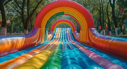Inflatable rainbow slide, long and wide with multiple colors, on the right side of an archway, facing camera, wide angle shot, daytime, shot from bottom to top perspective, no people in frame