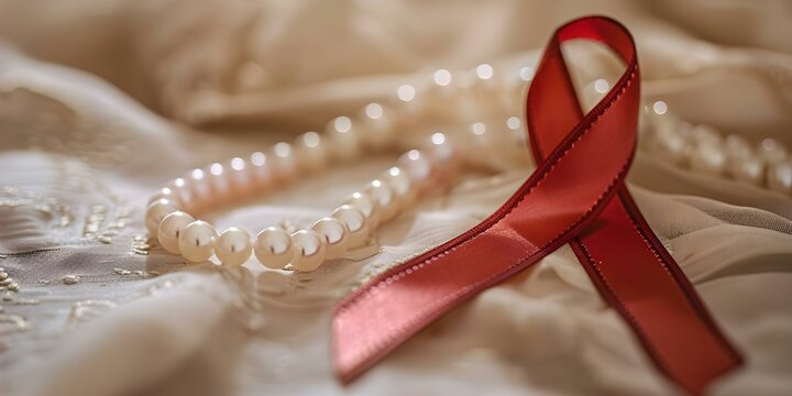 Red pearl ribbon symbolizes awareness for conditions like latex allergy. Concept Awareness, Health, Support, Red Ribbon Campaign