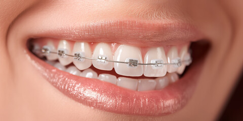 Obraz premium Close up of a woman's mouth with braces on, wearing clear aligners over her teeth for orthodontic treatment 