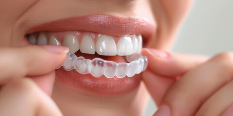 Fototapeta premium Close-up of an adult putting on their clear dental aligners and holding them with their fingers