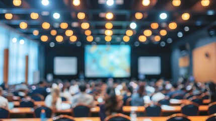 Blurred photo of conference hall with attendees in abstract banner