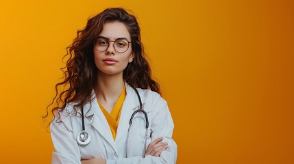 Confident Young Female Doctor in Safety Glasses on Orange Background