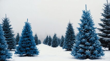 Fototapeta premium Blue Christmas trees on plain white background