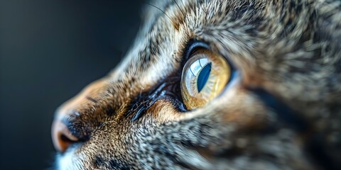 Closeup of cats eye with eye drops for pet allergies. Concept Pet Health, Feline Care, Cat Allergies, Close-up Photography, Animal Wellness