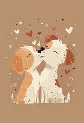 Fototapeta premium Delicate Flat Style Illustration Featuring Two Happy Dogs Kissing, Accented with Pastel Pink and Beige