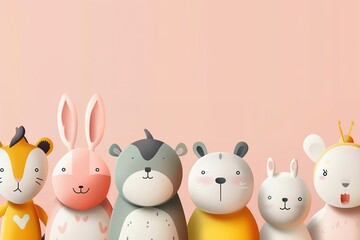 Vector illustration of cute animal characters on pastel backgrou