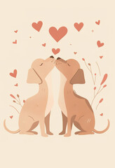 Delicate Flat Style Illustration Featuring Two Happy Dogs Kissing, Accented with Pastel Pink and Beige