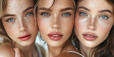 Three women with natural makeup and glossy lips pose in studio. Concept Studio Photoshoot, Natural Makeup, Glossy Lips, Three Women, Poses