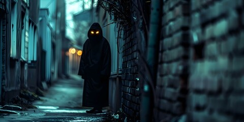 Obraz premium Dark figure with glowing eyes in alley eerie vibe comic book style. Concept Horror, Urban Legend, Comics, Atmospheric, Mysterious