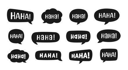 Haha laughing speech bubble sound effect different silhouette shapes collection. Cute black text lettering svg set vector illustration.