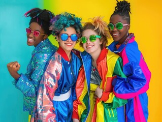 Naklejka premium group of young LGBTQ teen mix gender ethnicity lively active together fun laugh smiling joyful cheerful, colorful people rainbow theme, fashionable hair style with sunglasses.