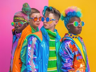 Fototapeta premium group of young LGBTQ teen mix gender ethnicity lively active together fun laugh smiling joyful cheerful, colorful people rainbow theme, fashionable hair style with sunglasses.