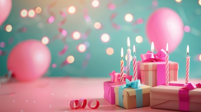 Birthday background with candles and gift boxes for girl or woman turning 84