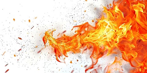 Vivid flames with flying sparks on white background. Concept Flame Photography, Sparks and Fire, Vivid Color Palette, Dynamic Fire Images, White Background Shots