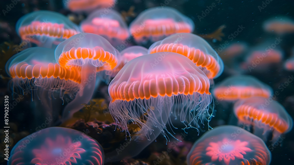 Sticker Close Up of Bioluminescent Jellyfish Underwater Photo