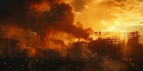 Fototapeta premium Fire at construction site emitting dark smoke. Concept Fire, Construction site, Dark smoke, Emergency response, Safety measures