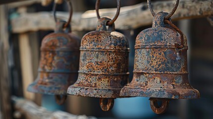 Fototapeta premium Rusty small metal bells serve as charming decorative elements, often adding a rustic and vintage touch to various settings.