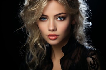 Fototapeta premium Close up portrait of lovely woman applying perfume, gazing at camera against dark background