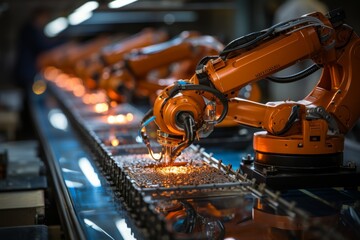 Automated robots efficiently manufacturing microcircuits in a high tech factory environment