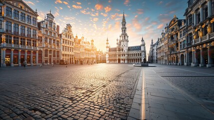 Naklejka premium The Grand Place in Brussels, Belgium, is adorned with world heritage old and classic buildings that bask in the gentle morning light.