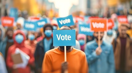 Diverse group of people participating in election-themed protest rally in urban setting