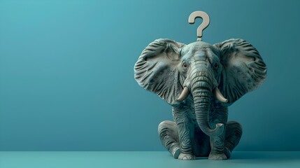 Contemplating Elephant with Surreal Question Mark in Vivid Blue Setting