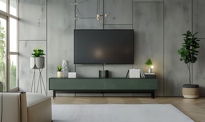 TV wall mount on cabinet the in modern living room the concrete wall, Generative AI