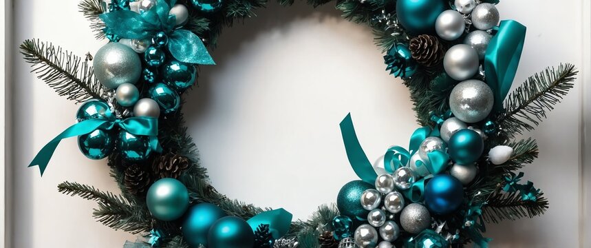 elegent teal accent christmas wreath on plain white background for banner copy space