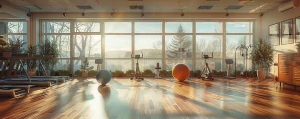 Images of exercise rooms in nursing homes, hotels, apartments, emphasizing facilities for residents, the elderly, detailed and aesthetically pleasing. Great for advertising campaigns.