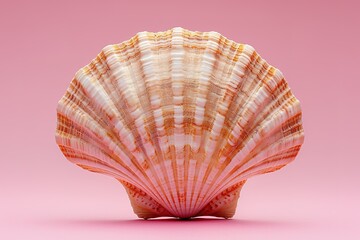 Obraz premium Bright orange scallop on pink background, exudes summery, coasta