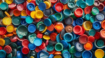Colorful plastic bottle caps in a tightly packed pile, awaiting new purpose and transformation.