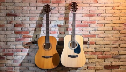 Naklejka premium Two acoustic guitars, a brown and a black one, rest against a white brick wall, bathed in warm studio light.
